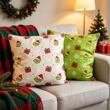 The Grinch Grinchmas Christmas Pillow Case, Cartoon Christmas Hat Snowflake Gift Box Pattern Square Decorative Cushion Cover, Suitable For Sofa Bedroom, Christmas Holiday Home Decor Gift - Multi-color - View 1