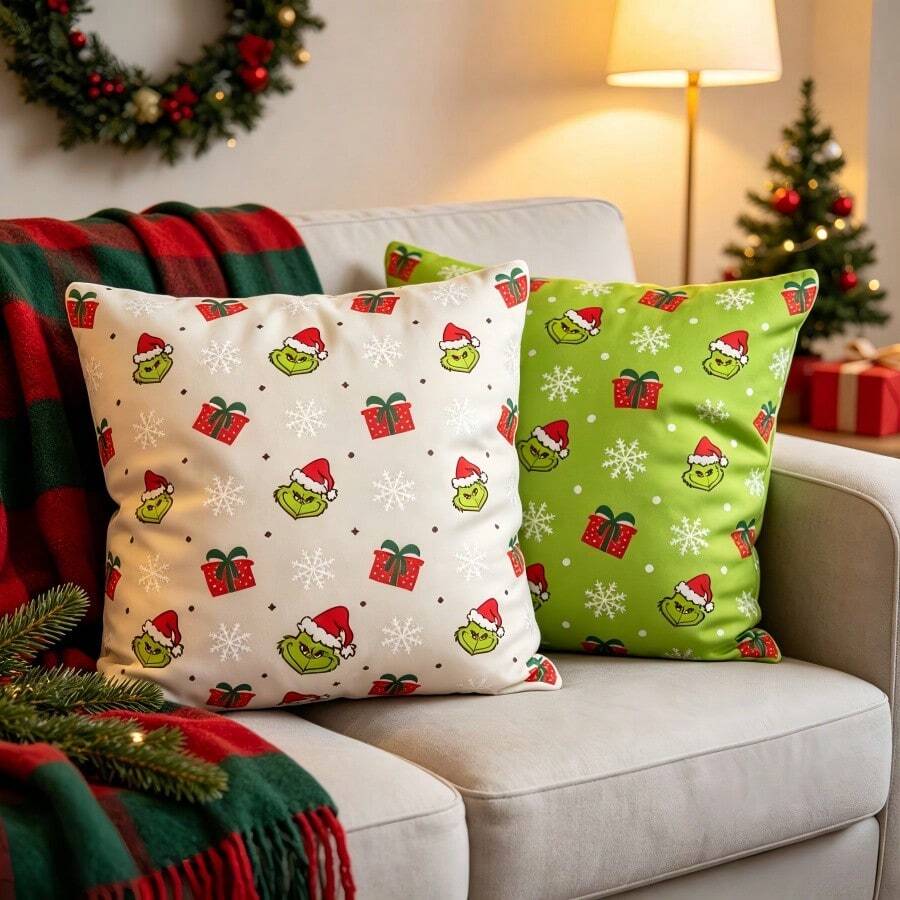The Grinch Grinchmas Christmas Pillow Case, Cartoon Christmas Hat Snowflake Gift Box Pattern Square Decorative Cushion Cover, Suitable For Sofa Bedroom, Christmas Holiday Home Decor Gift - Multi-color - View 1