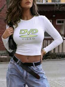 女款大尺碼復古DVD印花長袖Y2K風格修身圓領上衣，白色 - 白色 - 查看 2