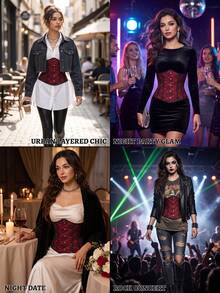 Women's Gothic Floral Lace Underbust Corset, Lace-Up Boned Waist Cincher, Suitable For Party And Renaissance Style - Red - View 8