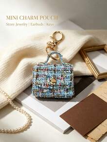 1pc Cute Tweed Mini Jewelry Storage Bag, Portable Earphone Bag Keychain Pendant, Mini Travel Ring Box Travel Jewelry Box Cosmetic Storage Box, Women's Earring/Ring/Necklace/Bracelet Storage Box, Mini Wallet - Tweed Mini Bag - View 8