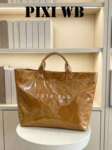 Tote Bag, Square-Shaped Structured Large Capacity Body, Glossy Finish With Texture, Dual Short Handles For Hand-Carrying. Minimalist Letter Print On The Body, Spacious Interior For Storing Various Personal Items, Open Design For Convenient Access, Versatile Style Suitable For Daily Outings, Commuting And Shopping, Creating A Casual And Fashionable Daily Outfit Look. - Brown - View 1