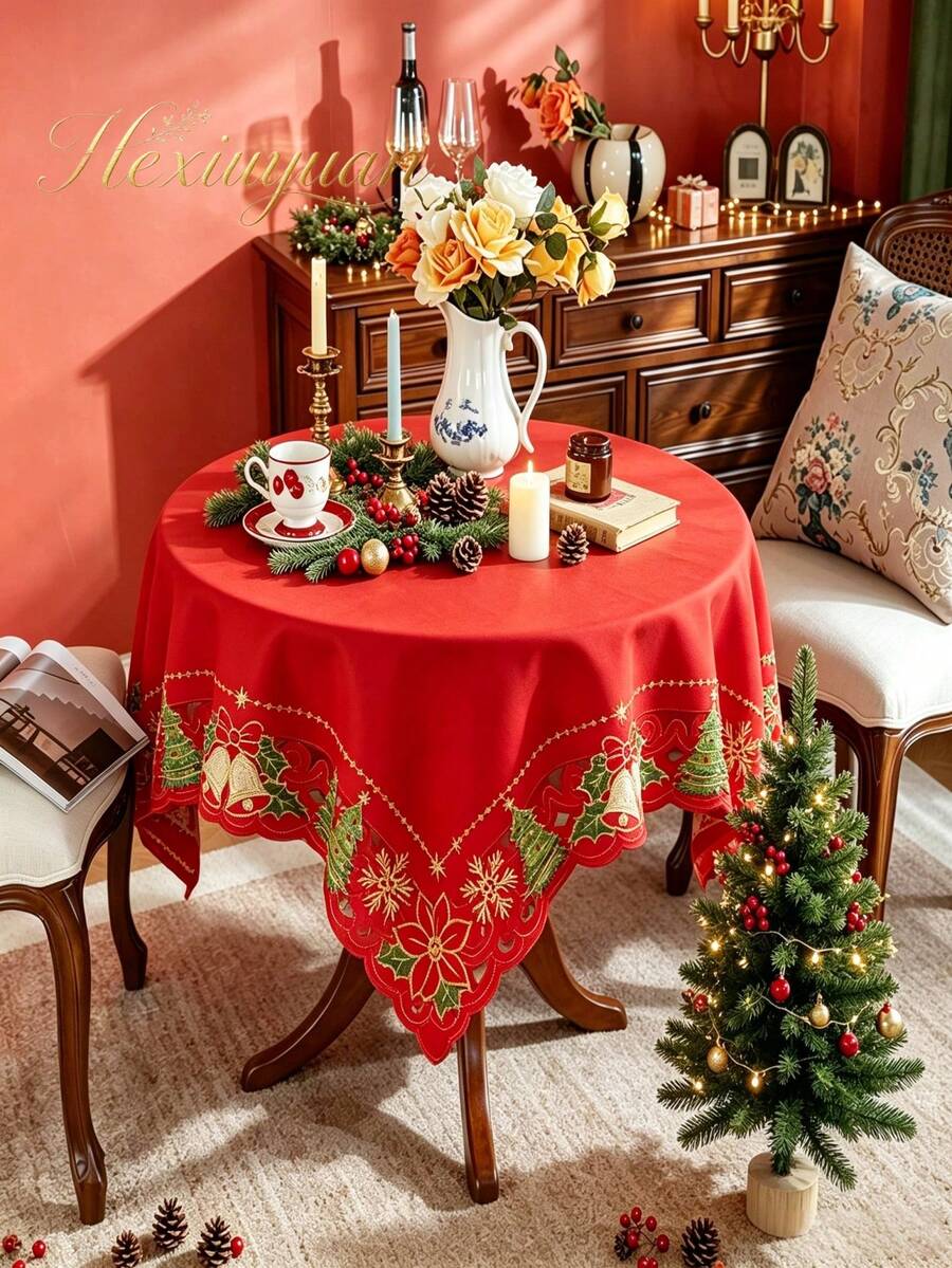 1pc Christmas Embroidered Square Tablecloth, Reindeer & Snowflake Pattern Vintage Christmas Table Cloth, Washable Holiday Dining Table Cloth, Suitable For Restaurant, Christmas Party And Home Decor - Red - View 1