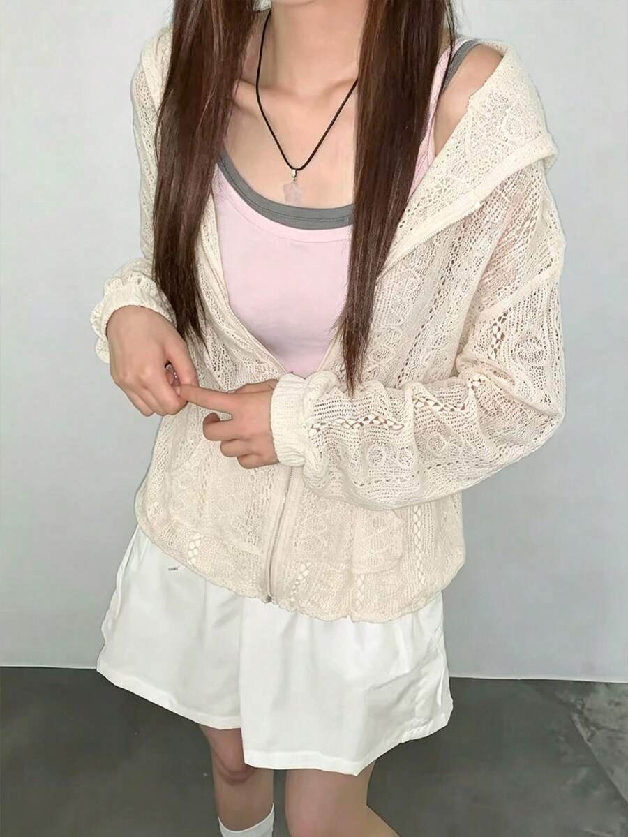 Jaket Renda Berkerudung Jacquard Berongga Gaya Anak Muda Terbaru, Potongan Kain Acak, Jaket Liburan - Aprikot - View 1
