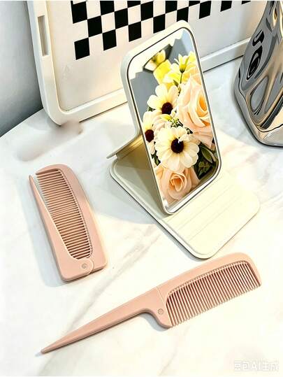 1 Set, Foldable Makeup Mirror And Comb Set, Portable Handheld Mirror And Comb Set, Minimalist Design, Solid Color, Mini Mirror, Makeup Accessories, Cosmetics, Makeup Tools, Women's Gift, Travel Essential, Back To School, Christmas Gift, Suitable For Dorm Desk, Room Decor, Vanity, Bedroom