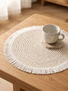 1/2/4/6/12pcs Beige Tassel Woven Placemats, Natural Rustic Style, Cotton Rope Material, Round Tassel Edge And Woven Texture Details, Heat-Resistant And Anti-Slip, Tabletop Protection And Decorative Enhancement, Suitable For Incense Ceremony, Meditation And Rustic Home Decor - White - View 4