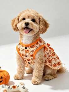 LUCKIE PAW 1 buah Gaun Hewan Peliharaan Motif Ekspresi Lucu Halloween, Anti Kutu, Mengurangi Kerontokan Bulu, Isolasi Panas, Bernapas, Cocok Untuk Anjing dan Kucing Kecil dan Besar, Dalam dan Luar Ruangan - Jeruk - View 3