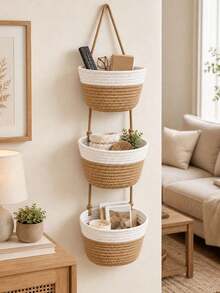 1pc 3-Tier Bohemian Style Wall-Mounted Bathroom Storage Basket, Large Capacity Space-Saving Design, Can Store Towels, Toiletries, Books, Remote Controls And Home Supplies - Multicolor - View 5