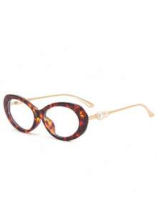 1pc European & American New Oval High-End Women's Clear Lens Metal Temple Pearl Inlaid Fashion Transparent Decorative Glasses - Clear - View 16