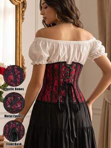 Women's Gothic Floral Lace Underbust Corset, Lace-Up Boned Waist Cincher, Suitable For Party And Renaissance Style - Red - View 2