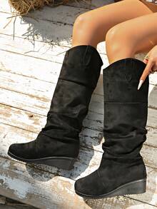 Women's Ruched Knee-High Wedge Boots, Faux Suede Slip-On Loose High-Top Boots, Comfortable Thick Sole Wedge Heel Fashion Winter Boots - Black - View 6
