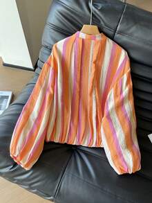Women's Striped Short Long Sleeve Flight Jacket, Fashionable Spring Woven Fabric Outerwear - Multicolor - View 3