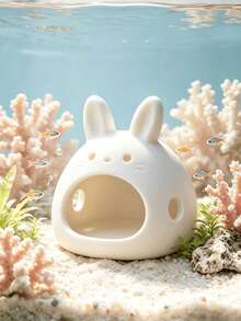 1/2pcs Pure White Rabbit Shaped Fish Tank Hideout, Multi-Hole Design Small Fish And Shrimp Shelter, Betta Crystal Shrimp Breeding And Resting Tank, Desktop Mini Aquarium Cartoon Landscape Decor Ornament - 3D Printed Plastic Product - White - View 3