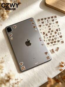 1pc Maillard Brown Plaid Heart Decorative Sticker With Tweezers, Laptop Sticker, Phone Decoration Sticker, Compatible With Phone Case, Tablet, Earphone Case, Vintage Atmosphere Decorative Sticker For Device Shell - Vintage Style - View 3