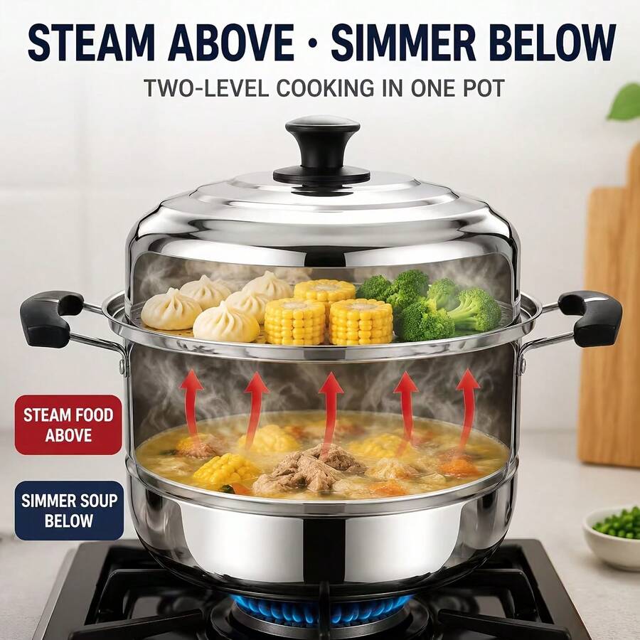 30cm Stainless Steel Steamer Pot, 2-Layer Steamer With 2 Steamer Racks, Large Capacity Cooking Pot