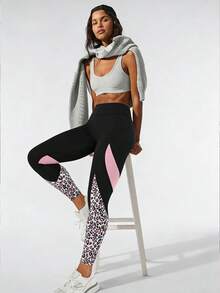 Women's Leopard Print Contrast Mesh Slim Fit Long Pants, With Pockets, Mid-Stretch Polyester Leggings - Multicolor - View 8