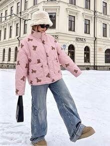 Women's Bear Pattern Plaid Quilted Down Jacket, Casual Zipper Stand Collar Long Sleeve Loose Fit Winter Coat - Pink - View 2