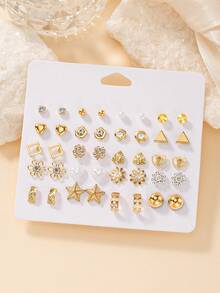 Set Anting Minimalis Geometris Bentuk Hati dan Bintang Modis Isi 20 Pasang untuk Wanita, Cocok untuk Pakaian Kasual, Sehari-hari, dan Perjalanan, Set Hadiah Anting Tusuk yang Indah - Yellow Gold - View 5