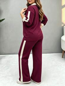 Autumn Fashion Women's New Polo Collar Long Sleeve T-Shirt & Casual Daily Elastic Waist Loose Pants 2 Pieces Set, Faux Two Pieces Colorblock Collar Burgundy Red Polo Shirt & Wide Leg Pants, Sports Commute Outfit, Suitable For Outings, Exercise, Daily Commute, Streetwear - Burgundy - View 4