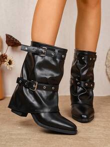 Women's Pointed Toe Chunky Heel Knee-High Boots, Slouchy Fold-Over PU Boots With Buckle And Rivet Decor, Suitable For Autumn/Winter Daily Wear - Black - View 5