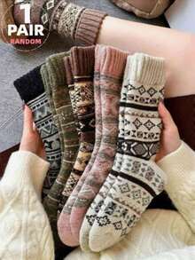 1 Pair/5 Pairs Women's New Autumn/Winter Thick Warm Retro Geometric Pattern Socks, Unisex Couples Design, Fashion Versatile Mid-Calf Socks - Multicolor - View 13