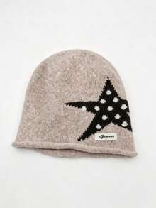 1pc Women's Autumn/Winter New Knit Beanie Hat, Large Head Circumference, Face-Slimming, Warm, Black Slouchy Hat With Five-Point Star Design - Multicolor - View 9