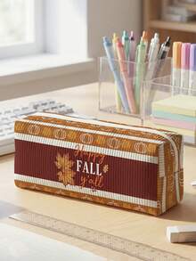 1pc Thanksgiving Pumpkin & Stripes Print Corduroy Pencil Case, Zipper Large Capacity Stationery Storage Pouch For Student School Daily Study - Multicolor - View 7