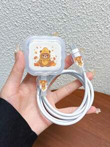 3pcs Set Wavy Pattern Charger Cable Protector UV Printed Autumn Element Fallen Leaves Bear Design Compatible With UK Standard 20W Apple Charger, Transparent Shatterproof Cover, Protects Phone, 3-Prong Charger, Charging Accessories, Cable Protector Cover - Multicolor - View 1