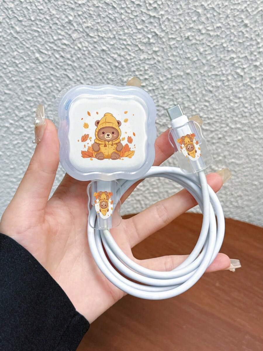 3pcs Set Wavy Pattern Charger Cable Protector UV Printed Autumn Element Fallen Leaves Bear Design Compatible With UK Standard 20W Apple Charger, Transparent Shatterproof Cover, Protects Phone, 3-Prong Charger, Charging Accessories, Cable Protector Cover - Multicolor - View 1