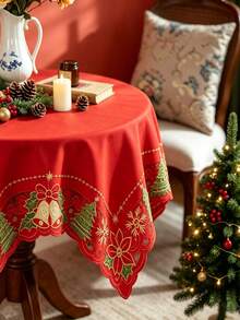 1pc Christmas Embroidered Square Tablecloth, Reindeer & Snowflake Pattern Vintage Christmas Table Cloth, Washable Holiday Dining Table Cloth, Suitable For Restaurant, Christmas Party And Home Decor - Red - View 3