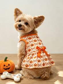 LUCKIE PAW 1 buah Gaun Hewan Peliharaan Motif Ekspresi Lucu Halloween, Anti Kutu, Mengurangi Kerontokan Bulu, Isolasi Panas, Bernapas, Cocok Untuk Anjing dan Kucing Kecil dan Besar, Dalam dan Luar Ruangan - Jeruk - View 1