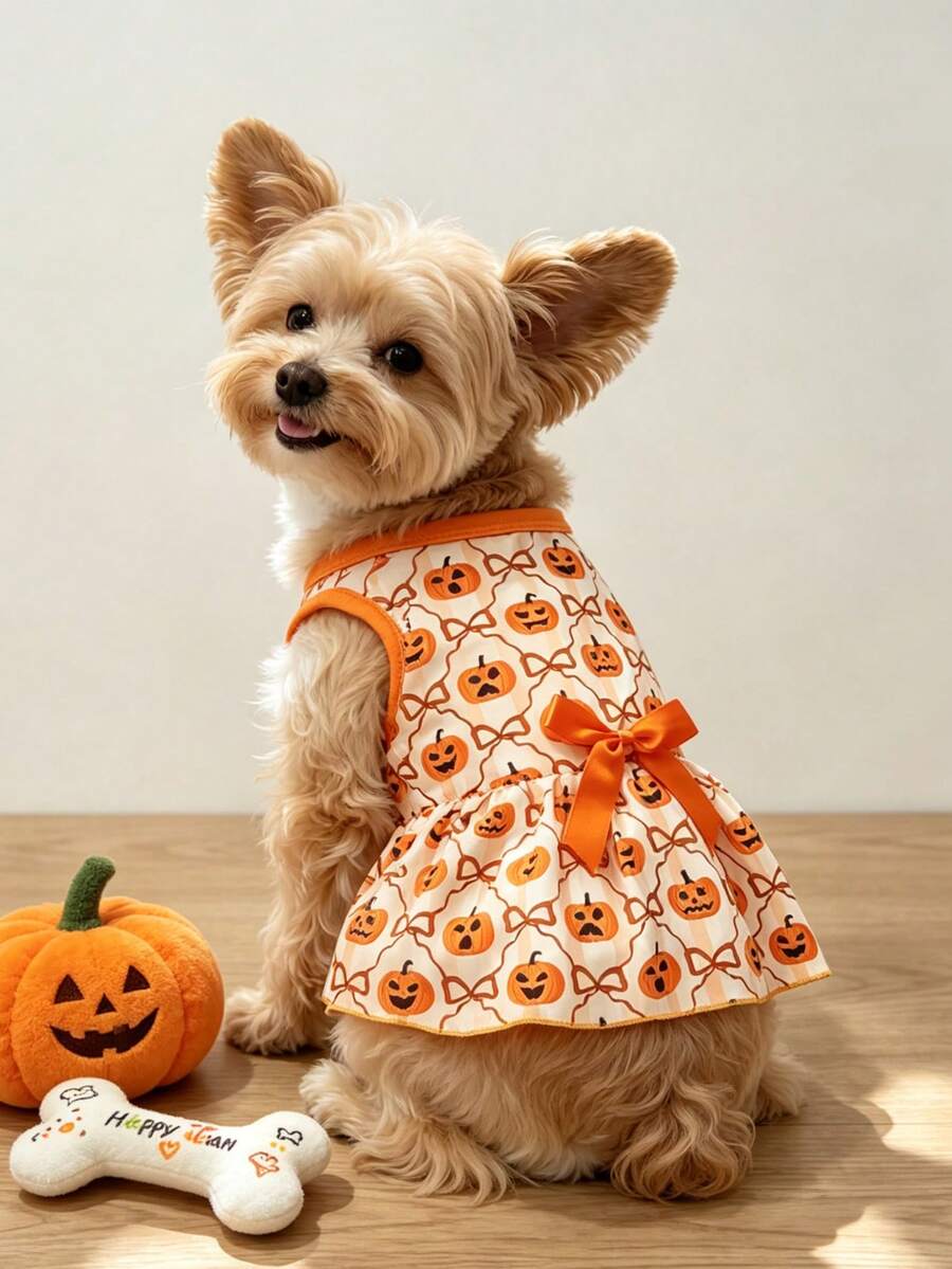 LUCKIE PAW 1 buah Gaun Hewan Peliharaan Motif Ekspresi Lucu Halloween, Anti Kutu, Mengurangi Kerontokan Bulu, Isolasi Panas, Bernapas, Cocok Untuk Anjing dan Kucing Kecil dan Besar, Dalam dan Luar Ruangan - Jeruk - View 1