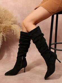 New Women's Fashion Elegant Pointed Toe High Heel Slouch Boots With Inner Zipper Knee-High Slimming Boots - Black - View 2
