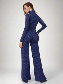 NcmRyu Women's One Set Polka Dot Stand Collar Long Sleeve Zipper Jacket & Straight Wide Leg Pants - Navy Blue - View 10