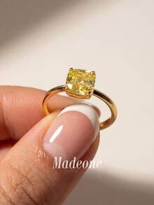 MADEONE 1pc Women's Square Single Cubic Zirconia Ring, Fashion Wedding Anniversary Gift Jewelry, Daily Date Decoration - Yellow Stone - View 2