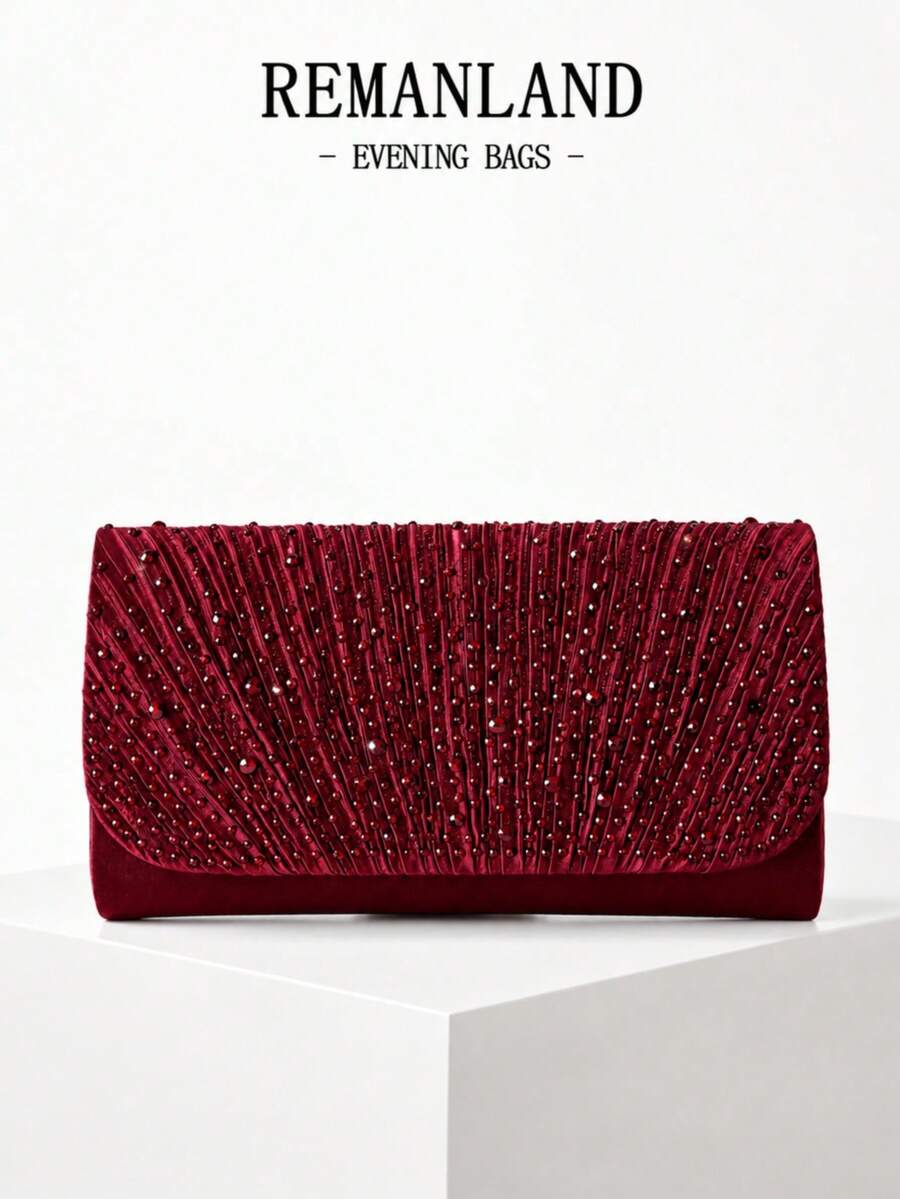 REMANLAND Luxury Sparkling Rhinestone Decorated Chain Bag, Magnetic Closure, Elegant Fashion Evening Bag, Suitable For Women's Birthday Party, Charming Evening Shoulder Bag - Burgundy - View 1