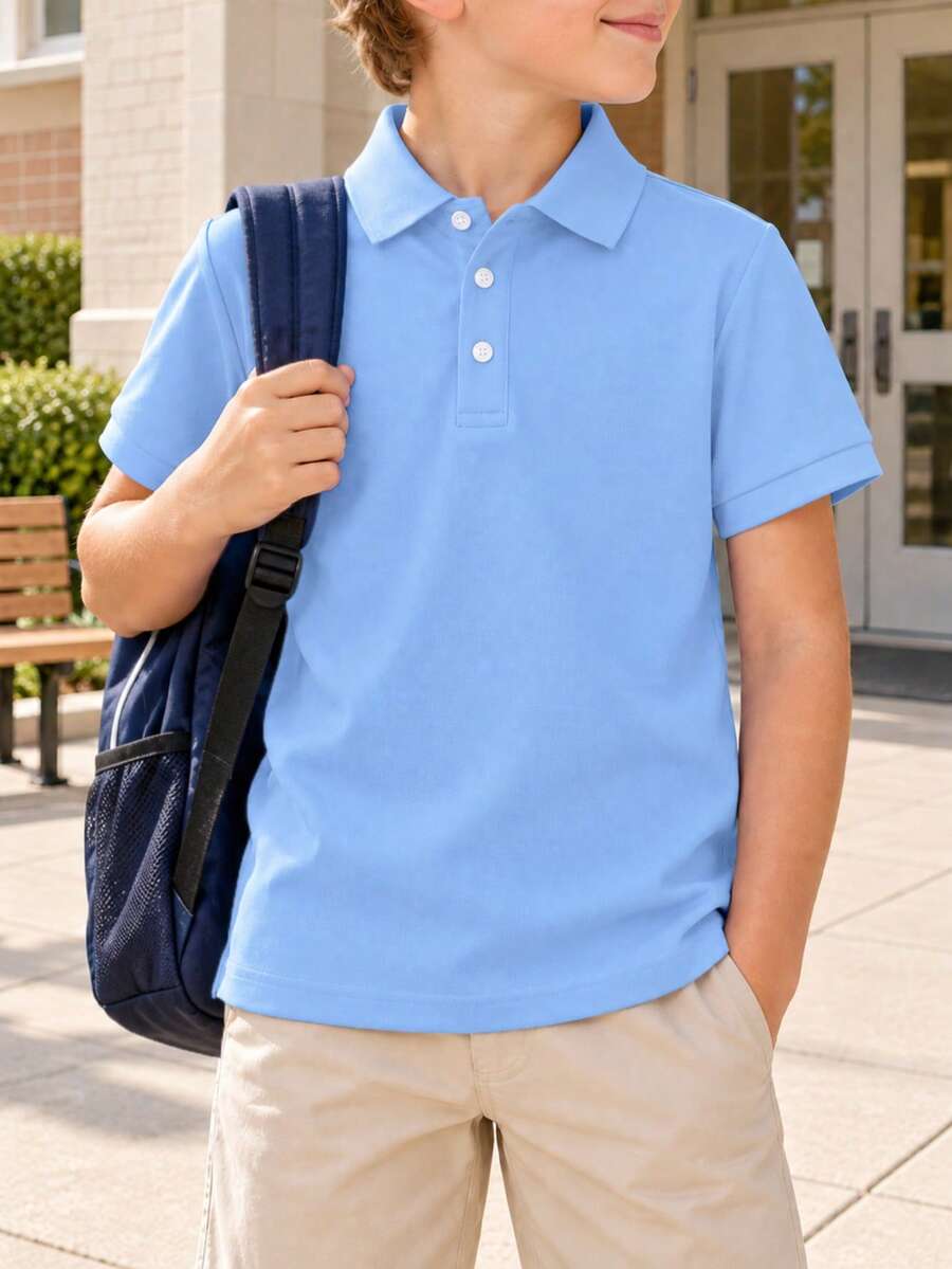 小男孩經典藍色純色短袖 Polo 衫,適合日常外出、聚會、表演和活動 - 霧霾藍 - 查看 1