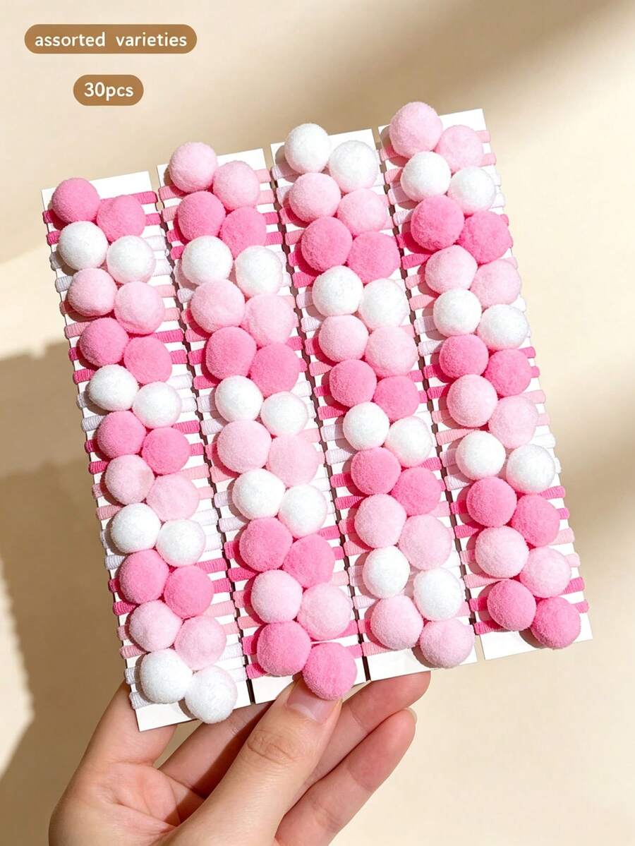 30pcs Colorful Pom Pom Hair Ties, Sweet Style Cute Hair Scrunchies Suitable For Daily Wear Hair Accessories - Multicolor - View 1