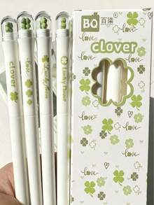 4/1pc Lucky Four-Leaf Clover Retractable Neutral Pen Black, White & Green Fresh Healing Design, Good Luck Quick-Dry Exam Pen, Fresh Style Student Office Writing Pen - Multicolor - View 8