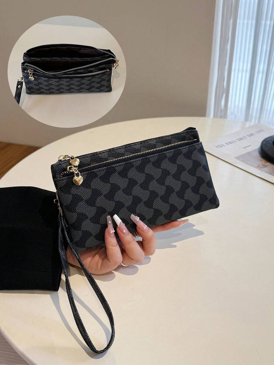 Women's Double Zipper Wristlet Wallet Clutch – Designer Monogram Phone Pouch, Card Holder & Coin Purse With Gold Heart Charm, Elegant Wrist Strap - Black - View 1