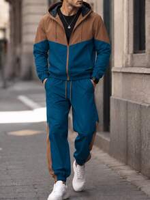 1 Set Men's Brown & Blue Colorblock Hooded Sportswear, Spring/Autumn, Includes Colorblock Zip-Up Jacket & Cuffed Joggers - Royal Blue - View 1