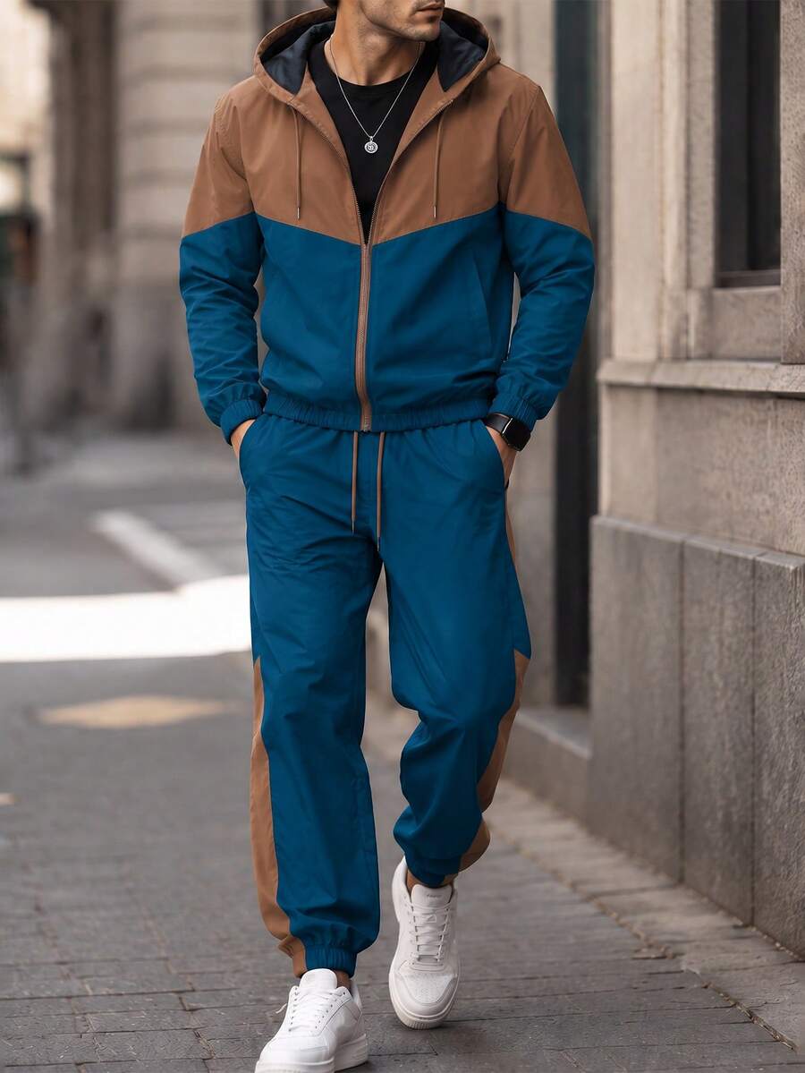1 Set Men's Brown & Blue Colorblock Hooded Sportswear, Spring/Autumn, Includes Colorblock Zip-Up Jacket & Cuffed Joggers - Royal Blue - View 1
