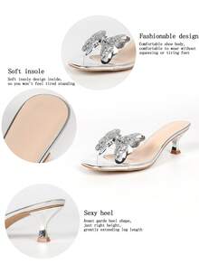 Glam Bridal Silver Metallic Glitter Rhinestone Butterfly Clear PVC Slip‑On Mule Heels, Square Toe Flared Mid‑Heel Slide Sandals For Evening Party - Silver - View 6