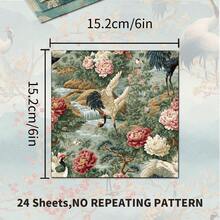 24 Sheets 6*6 Inch Chinese Crane & Peony Decorative Paper, Vintage National Style Scrapbooking Background Paper, Gift Box Packaging, Greeting Card Making Material - Square - View 5