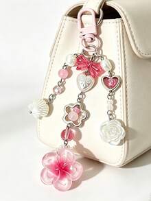 Pink Flower Bag Charm Y2K Cute Beaded Keychain Aesthetic Handmade Bag Pendant - Multicolor - View 3