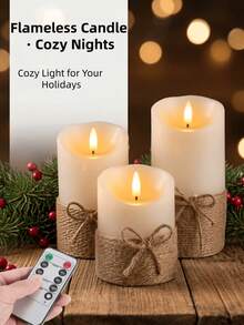 Vintage Hemp Rope Bow LED Candle Set, Realistic Flickering Flame With Remote Control And Timer, Home Desktop Ambient Decor, Holiday Birthday Gift, Party Decoration - Beveled Hemp Rope - View 2