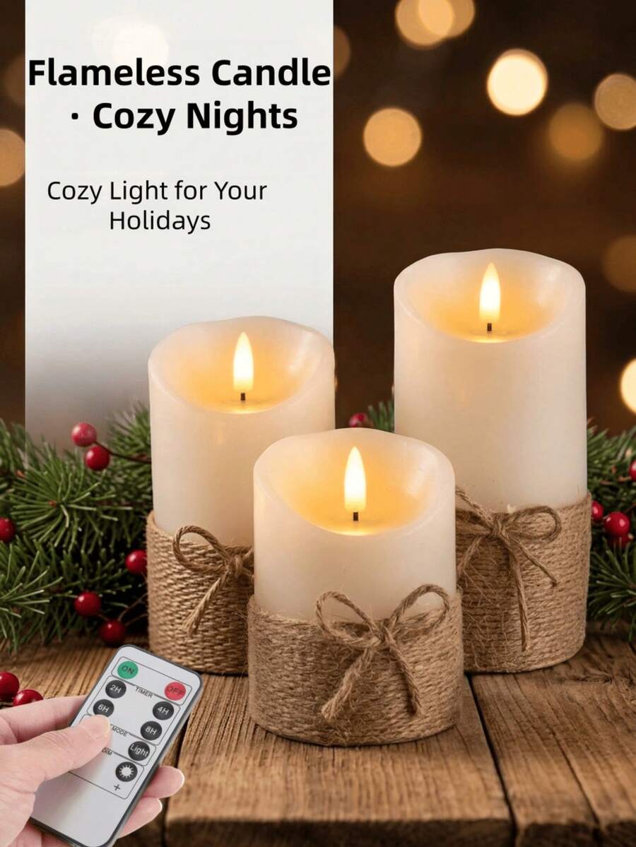 Vintage Hemp Rope Bow LED Candle Set, Realistic Flickering Flame With Remote Control And Timer, Home Desktop Ambient Decor, Holiday Birthday Gift, Party Decoration