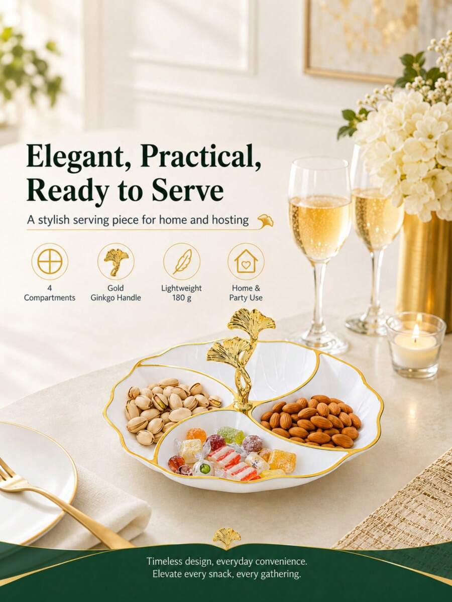 1pc Elegant Gold Rim 4-Compartment Dessert Plate, PS Plastic Divided Fruit Tray With Ginkgo Leaf Handle, Home Gathering Candy & Nut Serving Dish - Multicolor - View 1