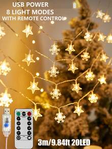 USB Powered LED Star Snowflake Christmas String Lights With Remote Control, 8 Lighting Modes Warm White Snowflake Fairy Lights, Christmas Tree Party Home Bedroom Dorm Indoor Wall Hanging Decorative Lights, Holiday Winter Atmosphere Decoration Lights - Transparent Stars + Snowflakes - View 13