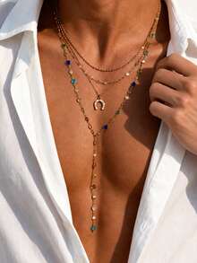 4pcs Bohemian Y-Shaped Layered Necklace Set, Colorful Rhinestone U-Shaped Pendant, Versatile Couple Accessory For Autumn/Winter Travel, Daily Wear And Holiday Gift - Gold - View 2